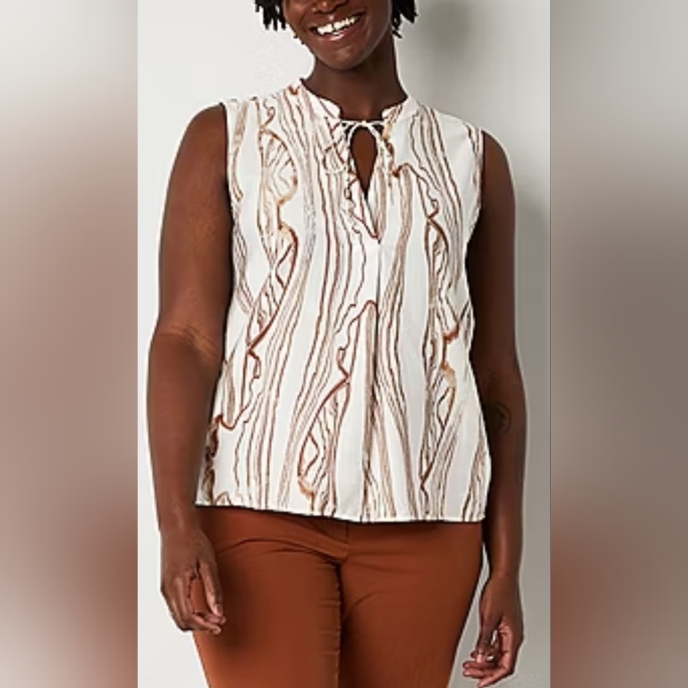 Worthington Cream and Brown Ruffled Sleeveless Blouse